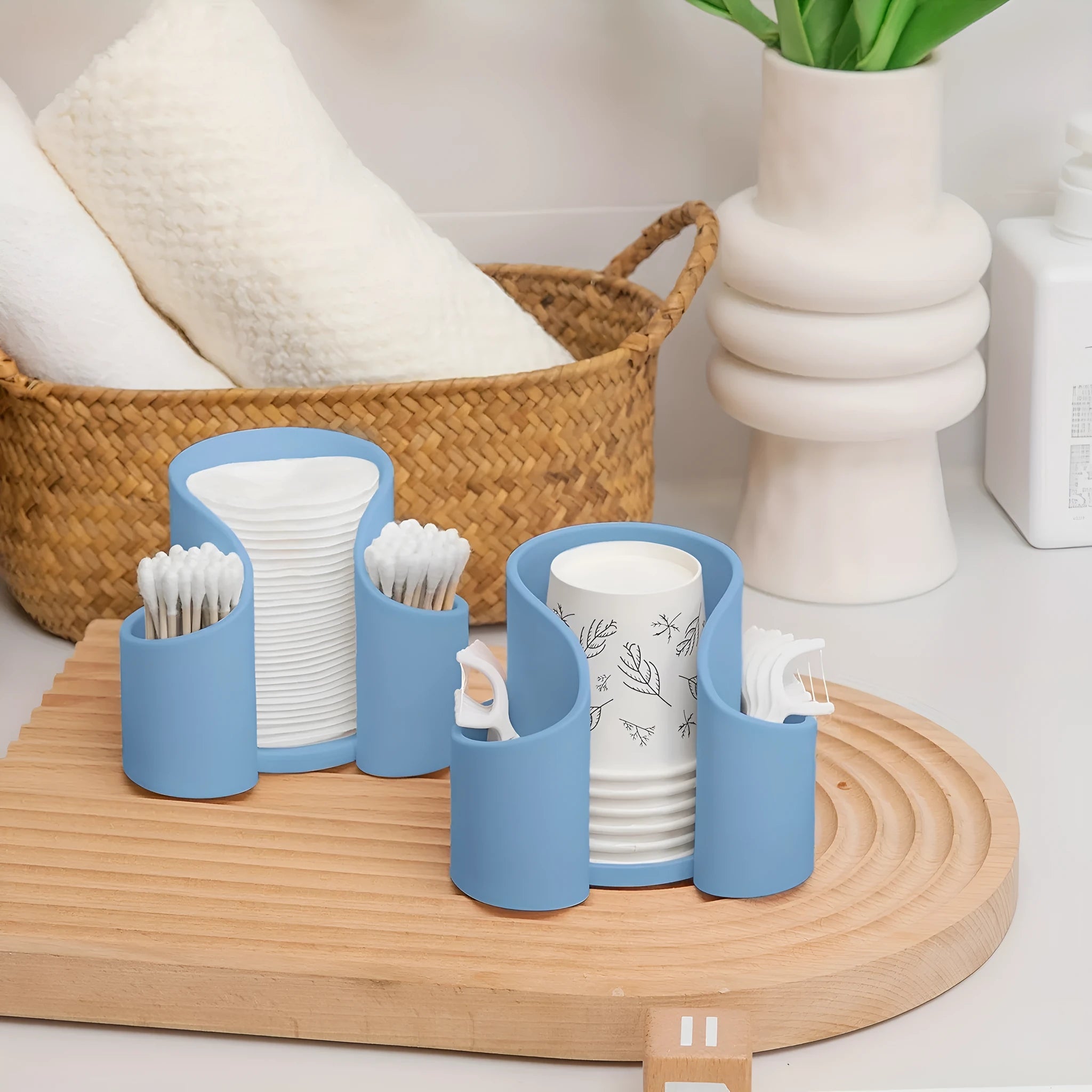 Modern solid colour plastic cotton storage box for dental floss and bathroom essentials.