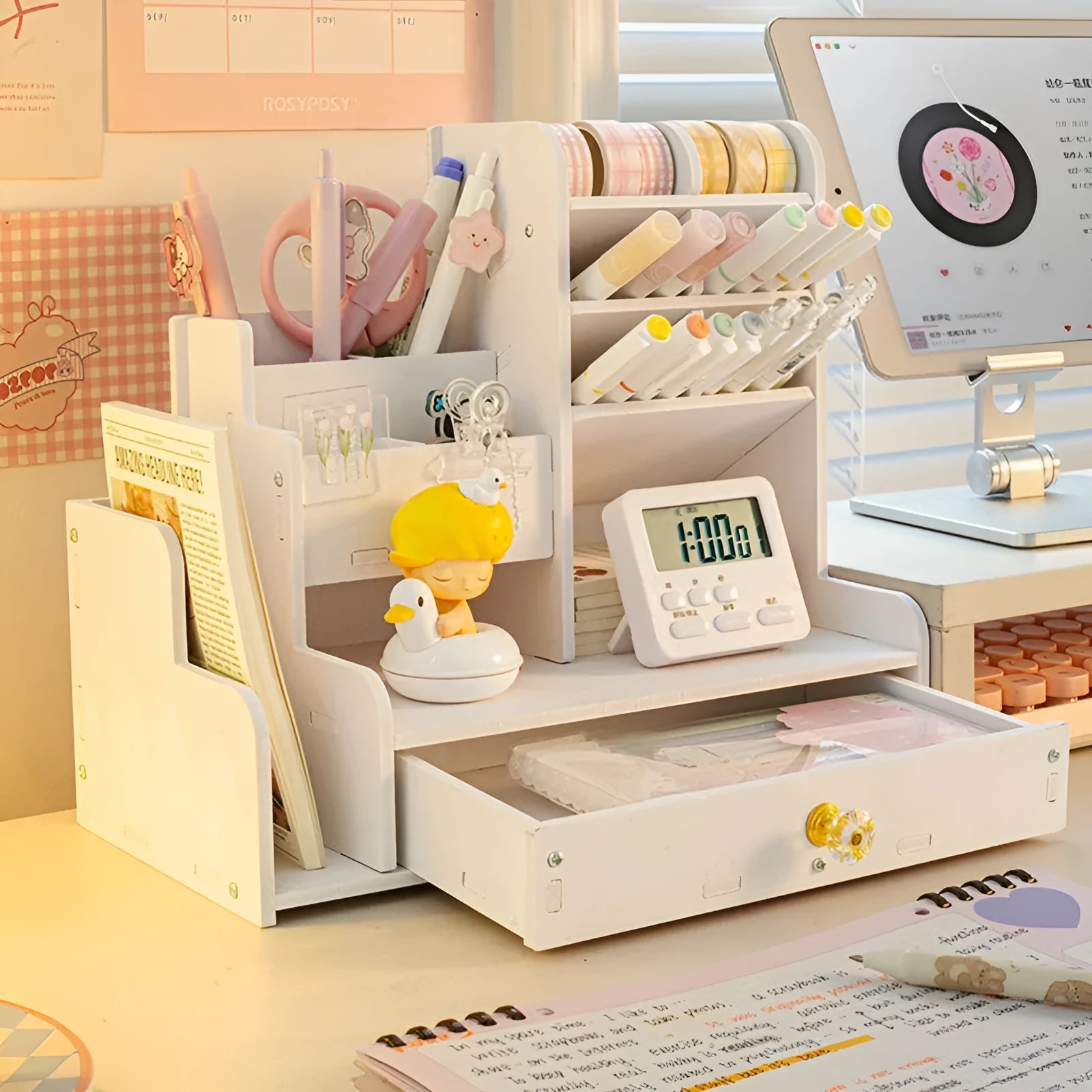 Oblique insertion plastic pen holder storage box with multiple grid compartments for organisation.