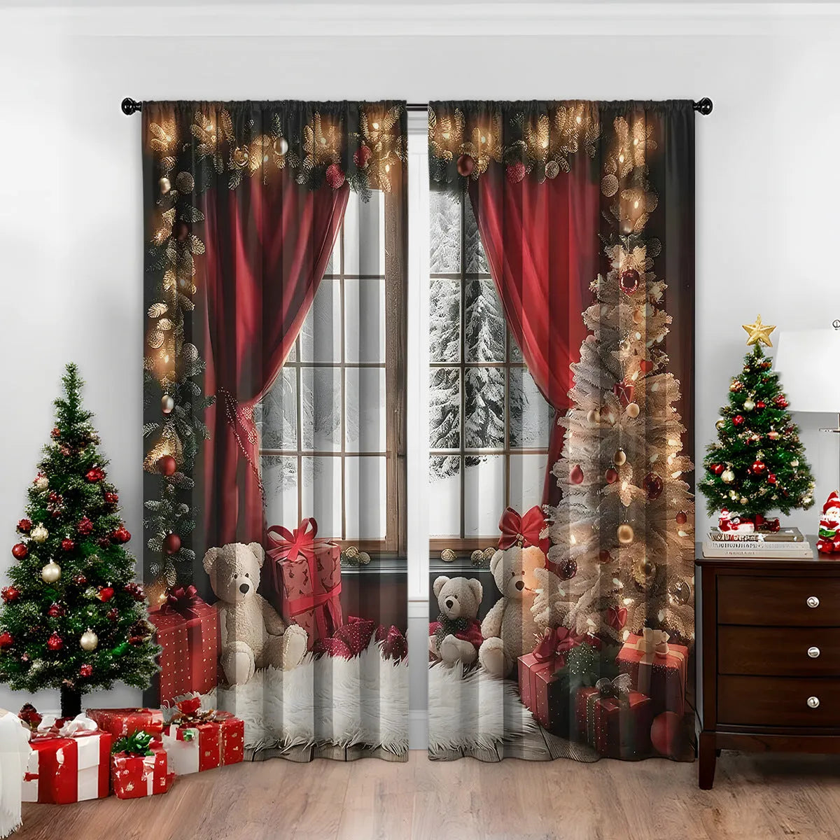 Pair of red and green Christmas themed curtains with 3D digital printed pattern hanging in a window.