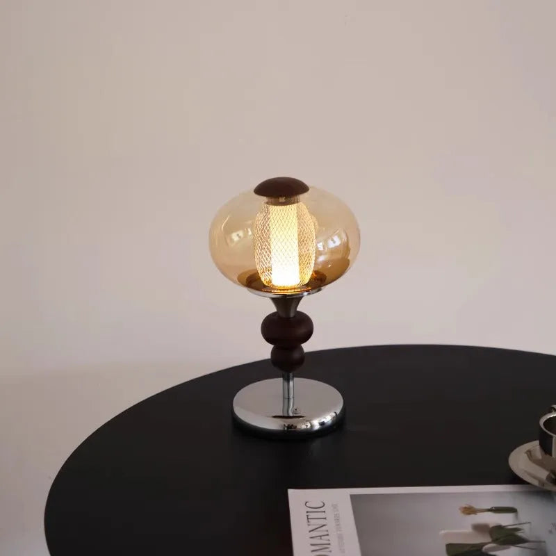 Solid wood retro palace desk lamp with USB cable and touch control panel showing three light colours