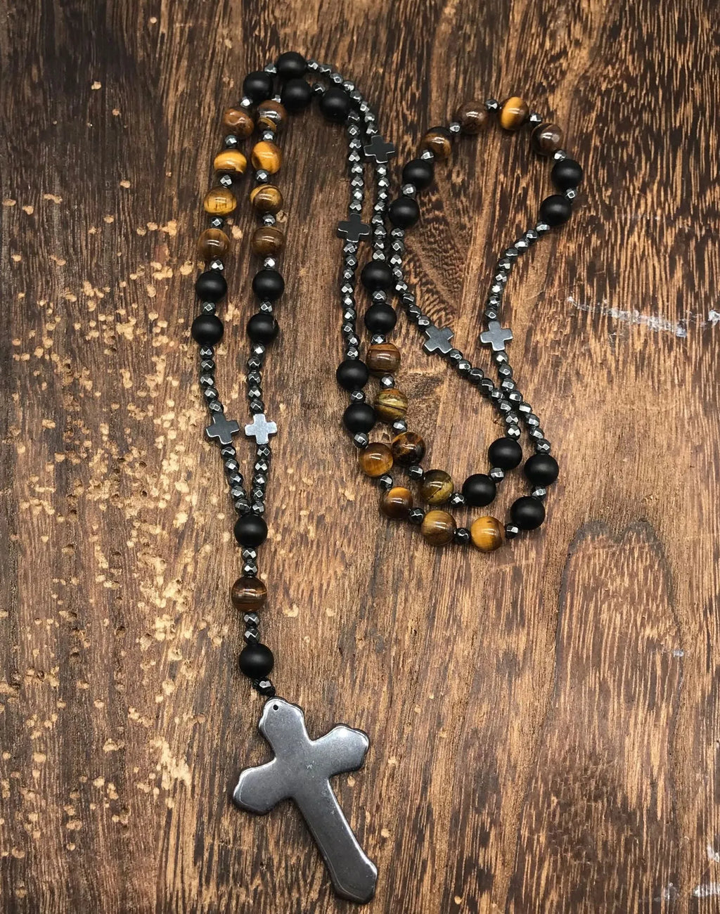 Men's stone cross pendant necklace on an 80cm ball bead chain with safety lock