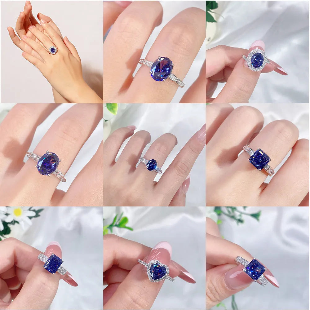Heart-shaped sterling silver ring with a faceted ice flower cut zircon stone in a Tanzanite colour.
