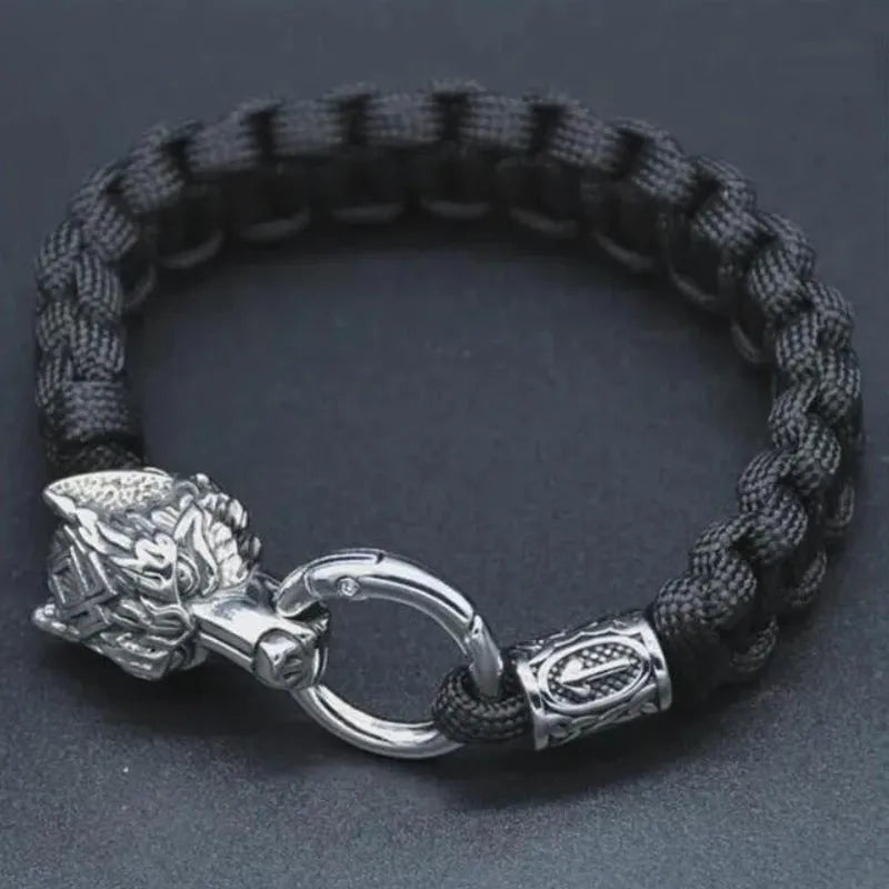 Wolf head stainless steel bracelet with Luen character design in camouflage colour on wrist
