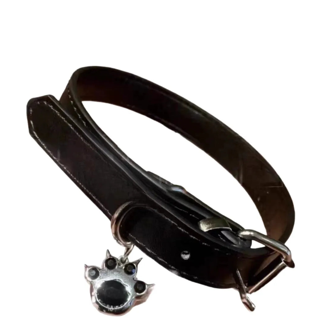 Black leather dog collar with chain in three designs: LD leather, bone pattern, or cat paw pattern