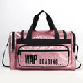 PU leather sports handbag in blue colour showing large capacity and letter pattern design
