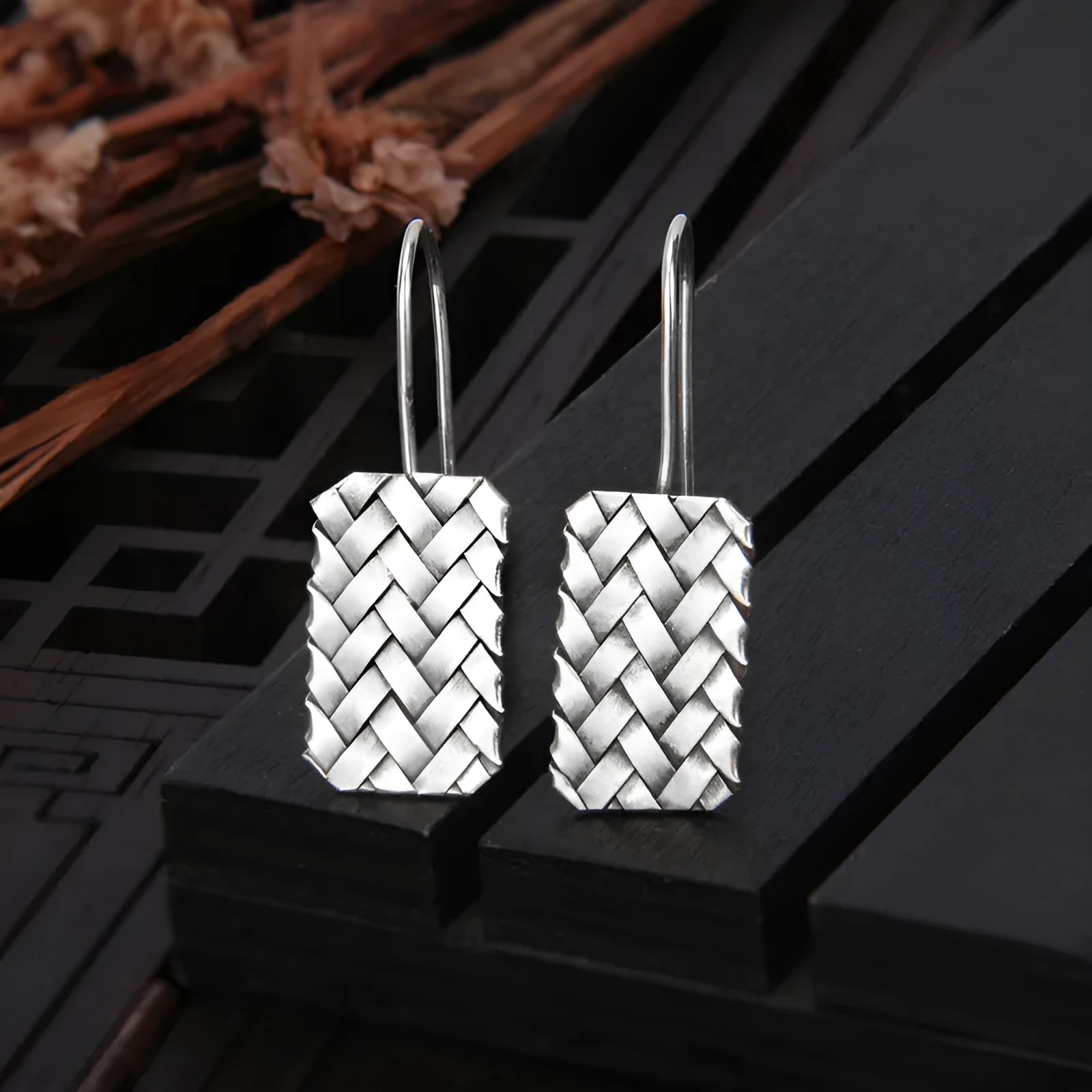 Silver geometric woven plaid earrings for women, made from 925 sterling silver.