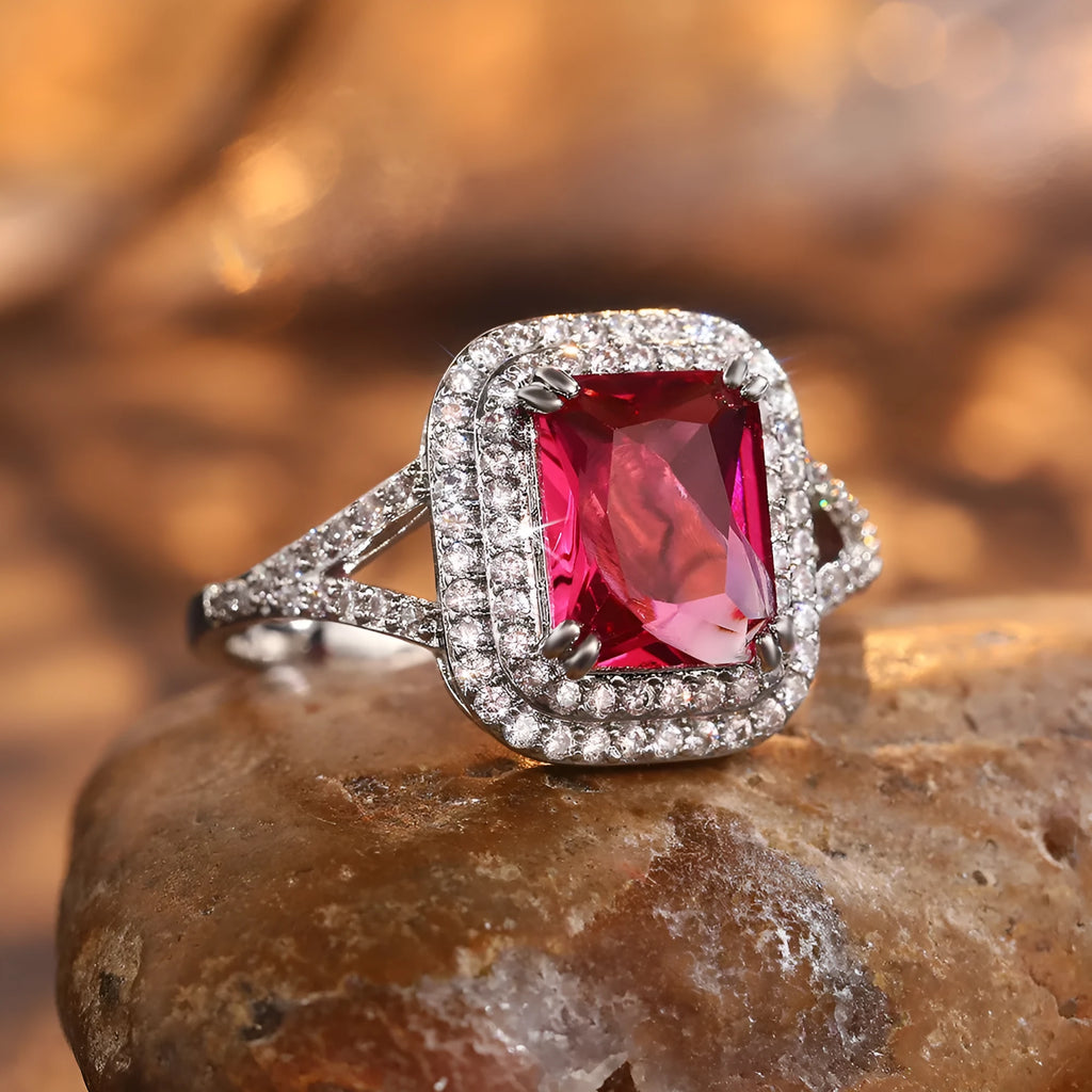 Copper geometric square ring with red rhinestones for women, showing structured design and sparkling accents