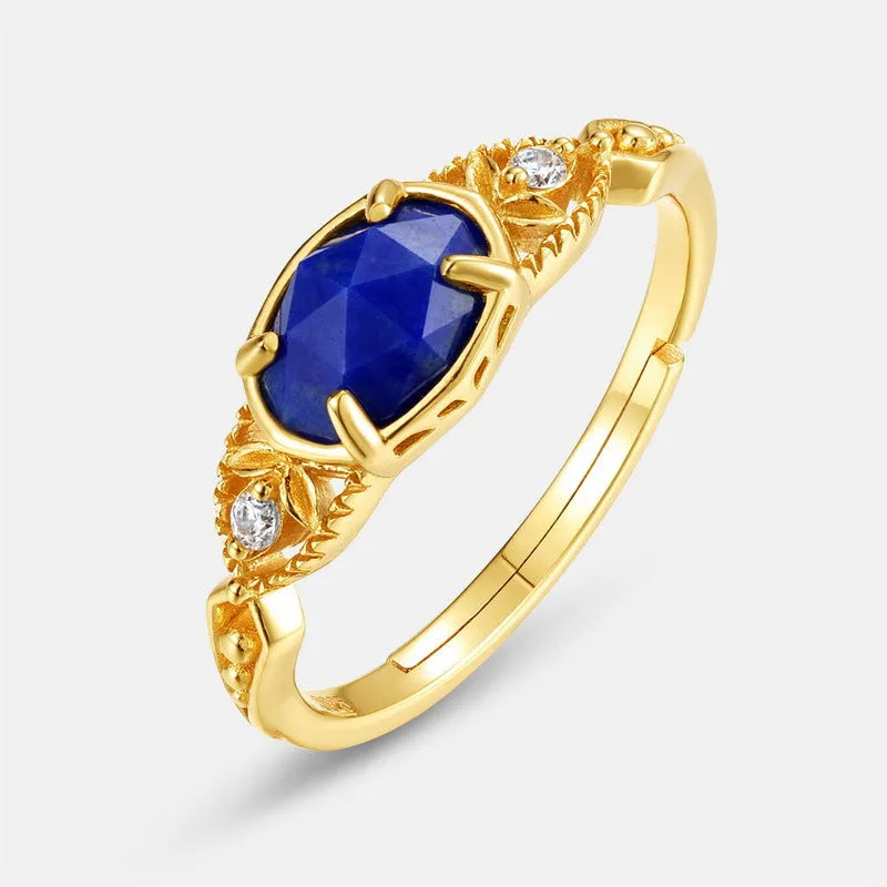 Geometric elliptical lapis lazuli ring in silver alloy with Japanese-inspired design