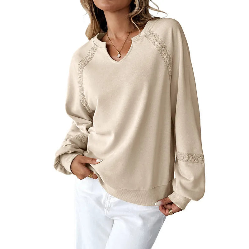 Women's solid colour half-open collar sweater with lace trim in cotton-polyester blend fabric