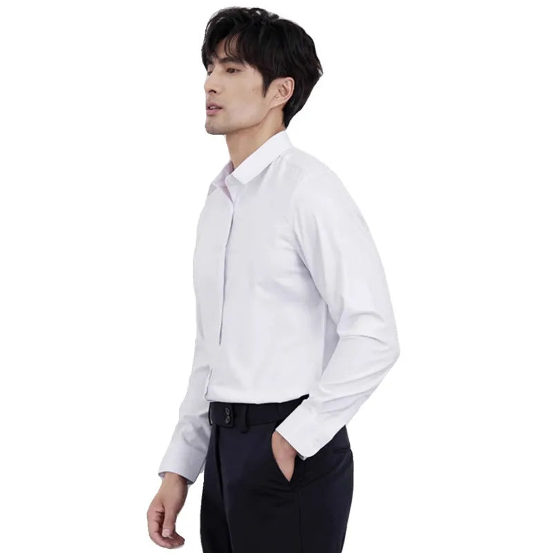 Men's wine red slim fit long sleeve business shirt on a hanger.