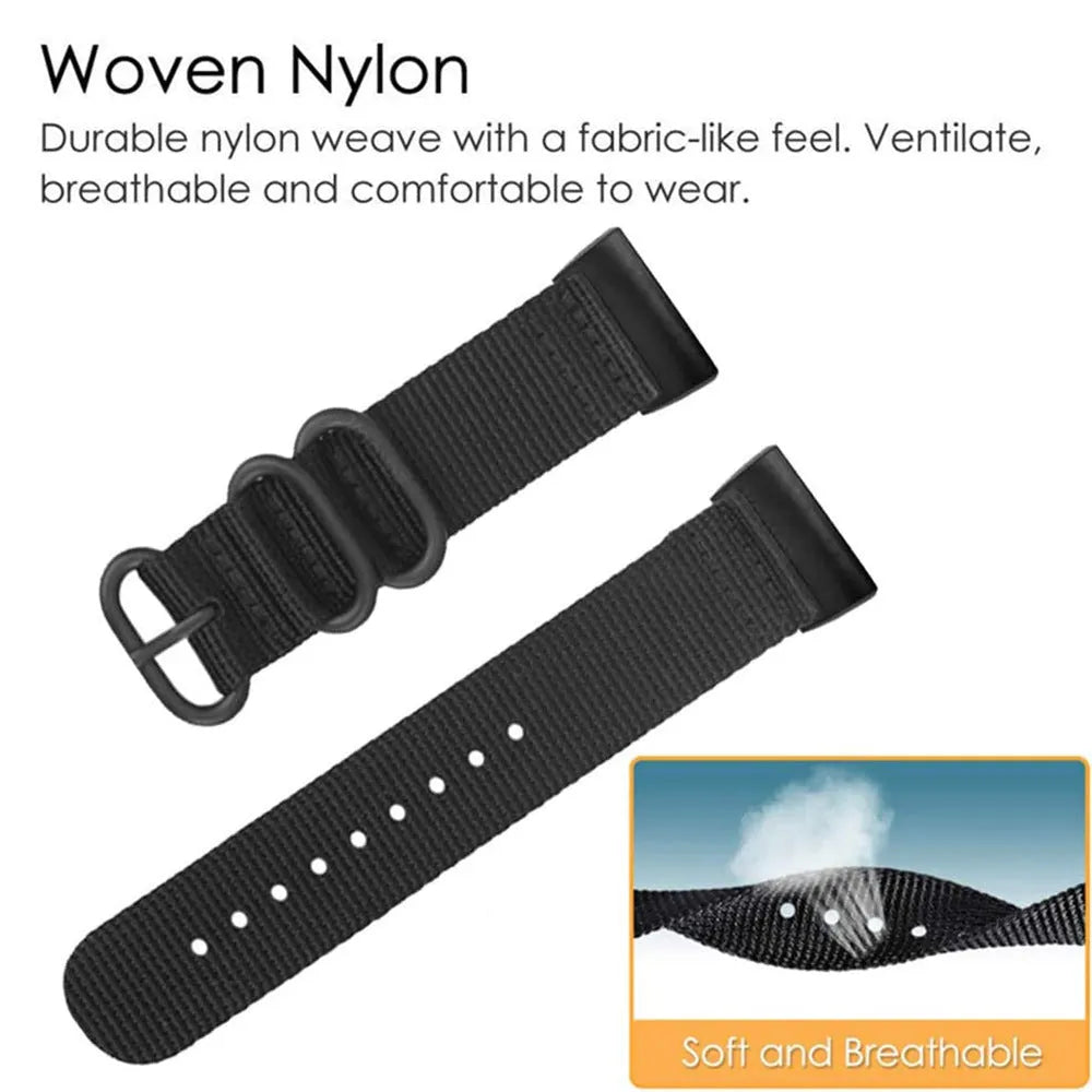 Nylon three-ring buckle replacement strap for Fitbit Charge fitness trackers in army green colour.