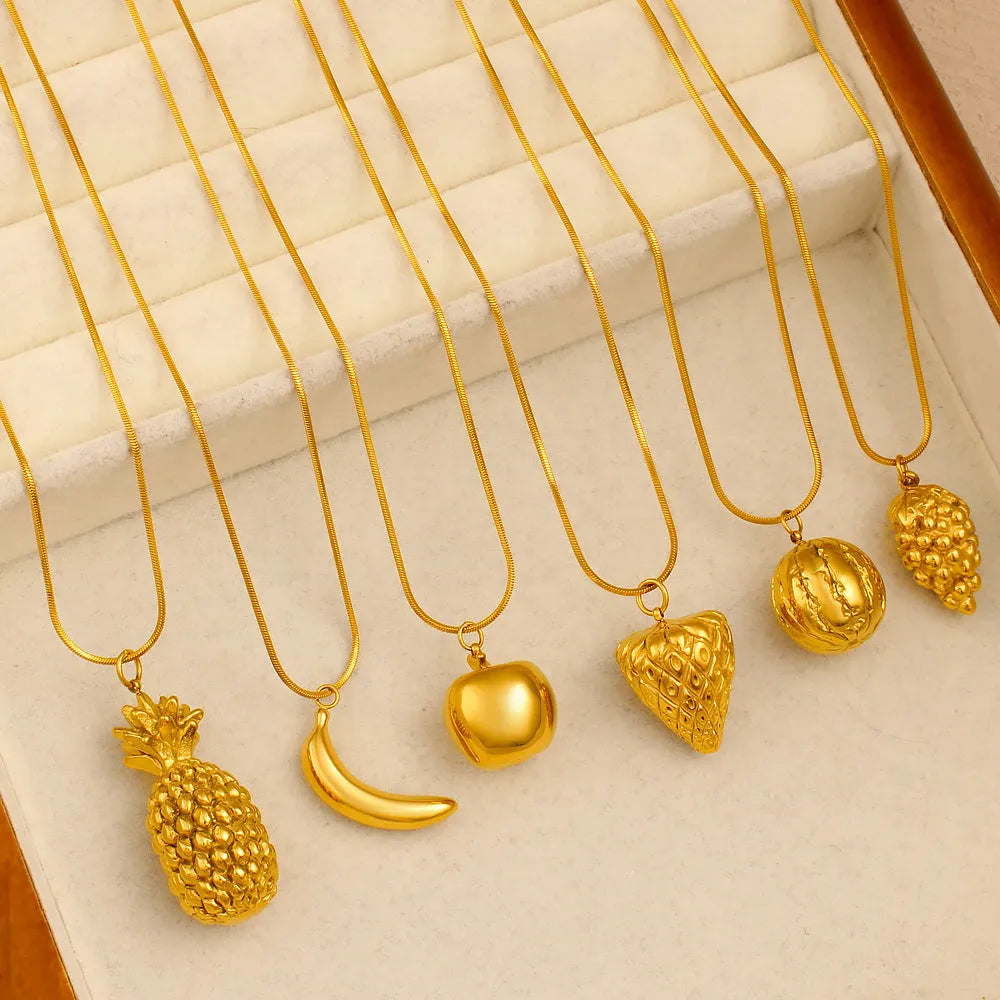 Stainless steel fruit necklace pendant in six colour options on regular chain