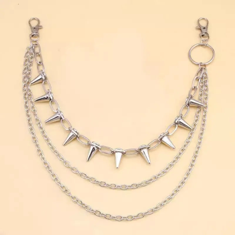 Silver double layer punk trousers chain with rivet detailing, 115cm length