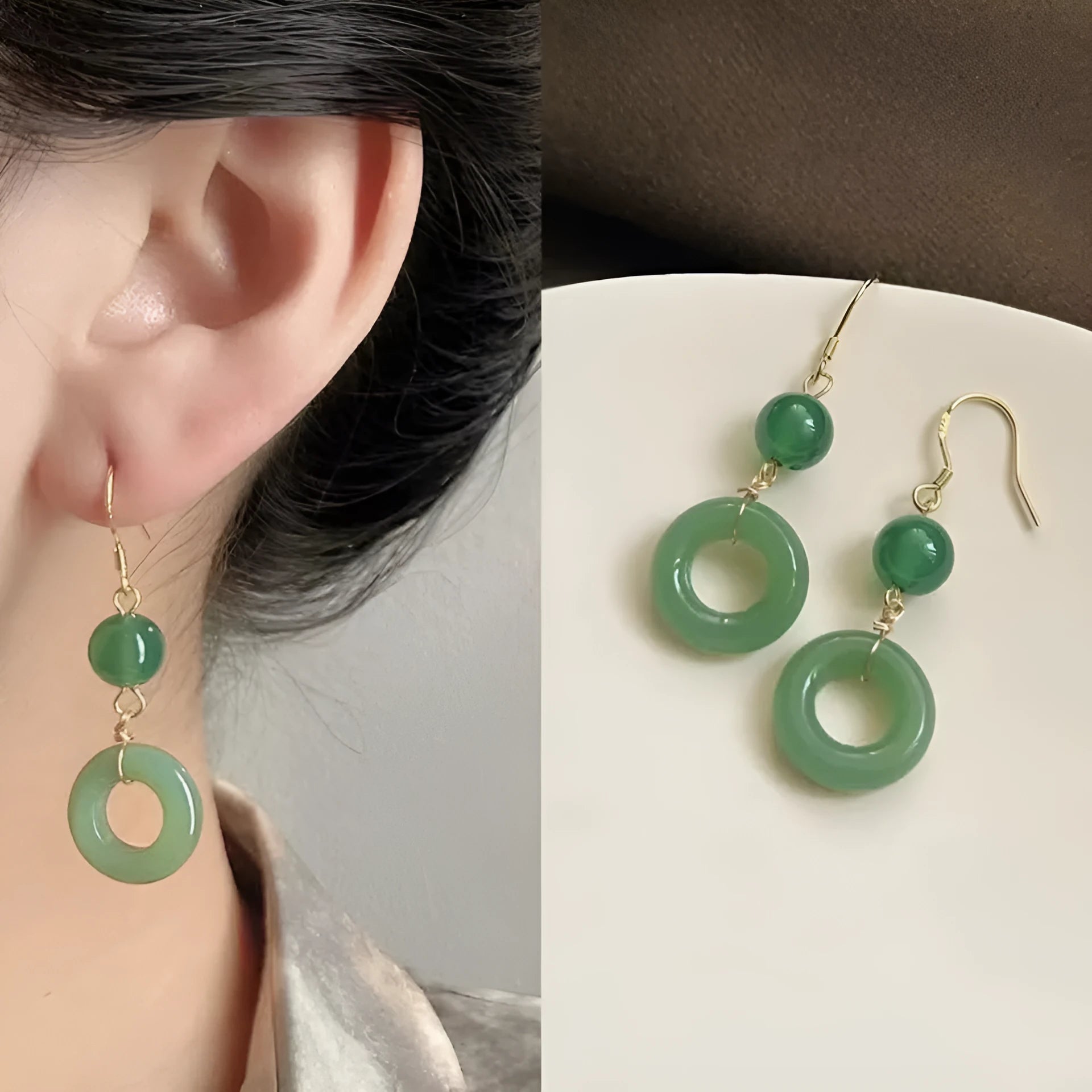 Pair of green jade design earrings with a geometric peace buckle shape on a zinc alloy base with gold plating.