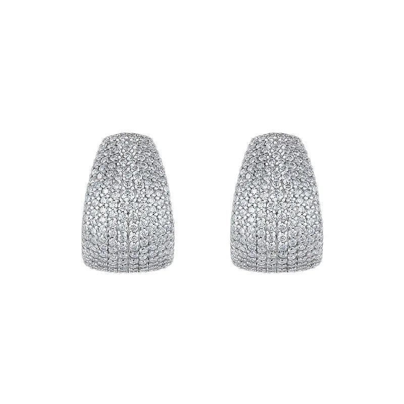 Geometric women's stud earrings in sterling silver with white moissanite stones, presented in a gift box.