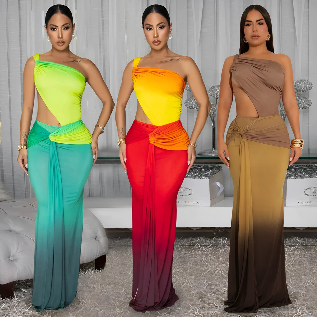 Women's gradient colour cross-shoulder sleeveless summer dress with a high-waist and long skirt.