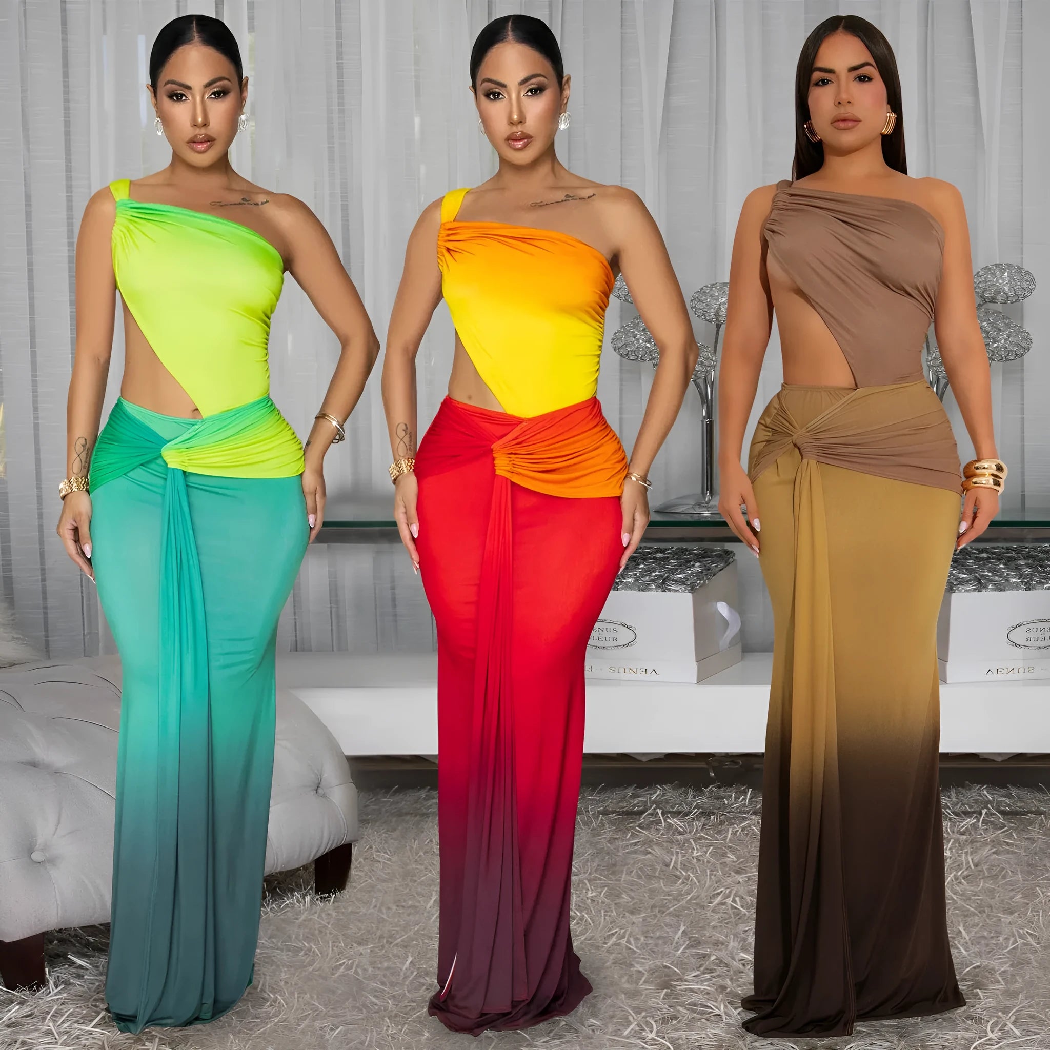 Women's gradient colour cross-shoulder sleeveless summer dress with a high-waist and long skirt.