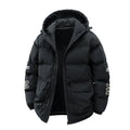 Men's black cotton-padded hooded winter coat with Korean style letter print and side seam pockets