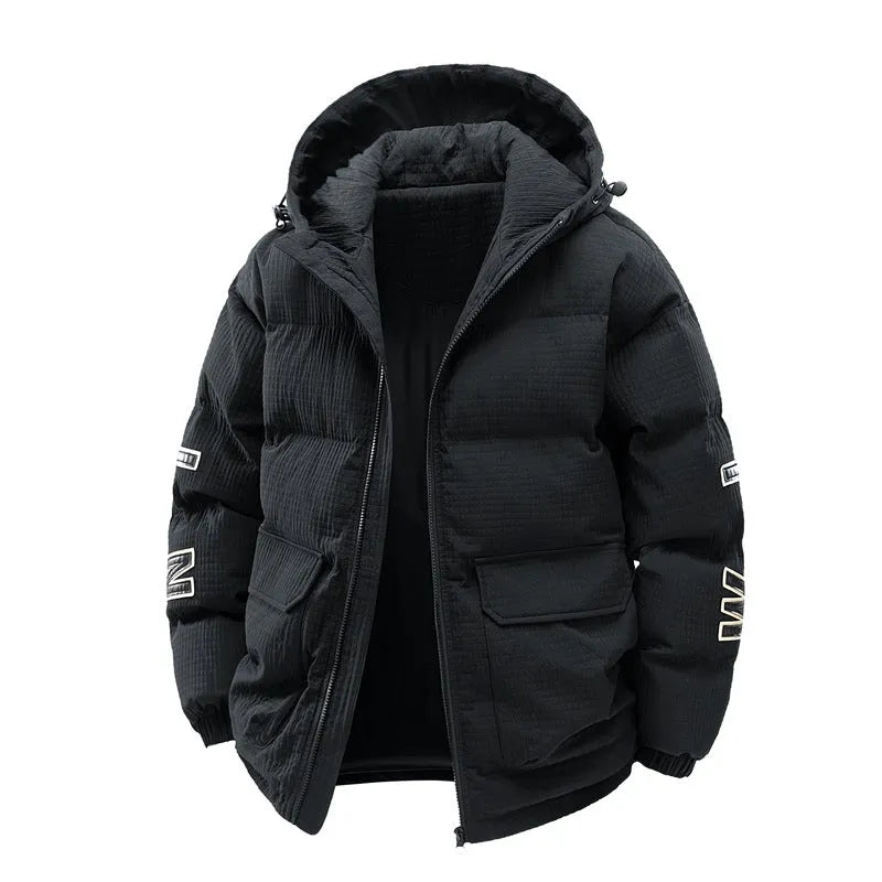 Men's black cotton-padded hooded winter coat with Korean style letter print and side seam pockets