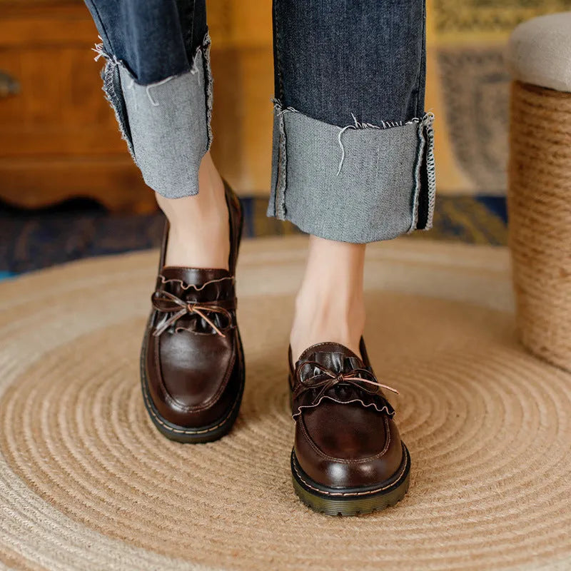 Women's brown leather chunky heel shoes with round toe and low-top design