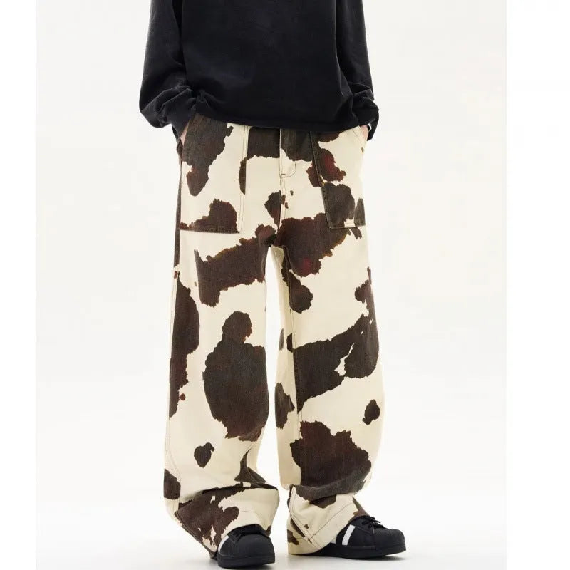 Men's straight-leg trousers with American retro cow pattern showing cardigan button fly opening