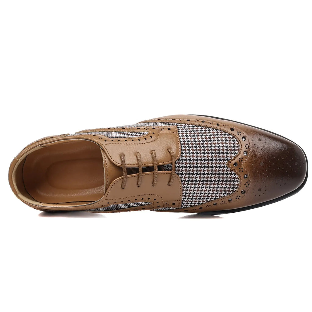 Men's black houndstooth pattern casual lace-up shoes with a rubber sole and square toe.