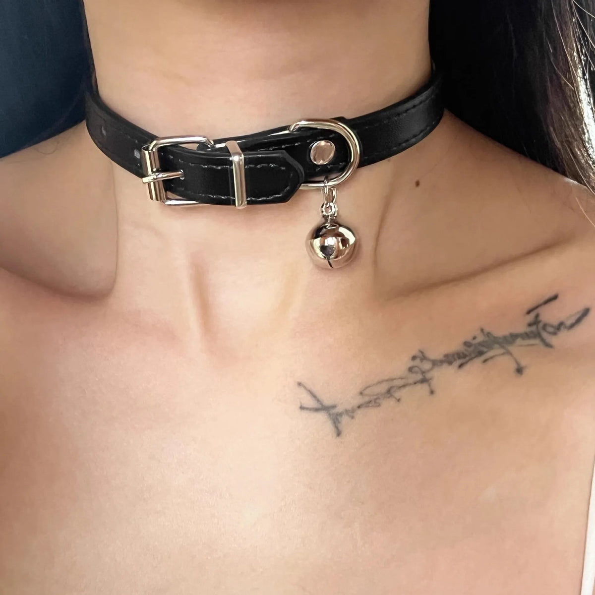 Black leather dog collar with chain in three designs: LD leather, bone pattern, or cat paw pattern