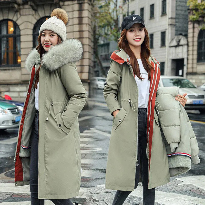 Women's long trench coat in bean green colour with fleece lining and down cotton filler