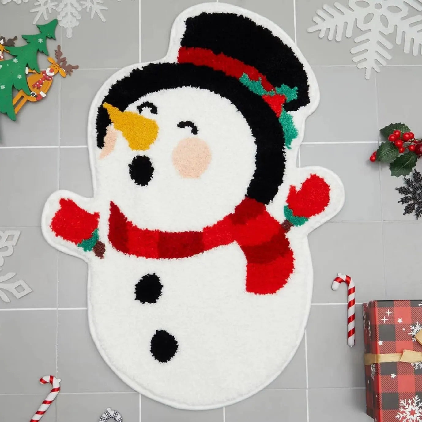 Square Christmas hallway mat with festive Santa Claus pattern on red background.