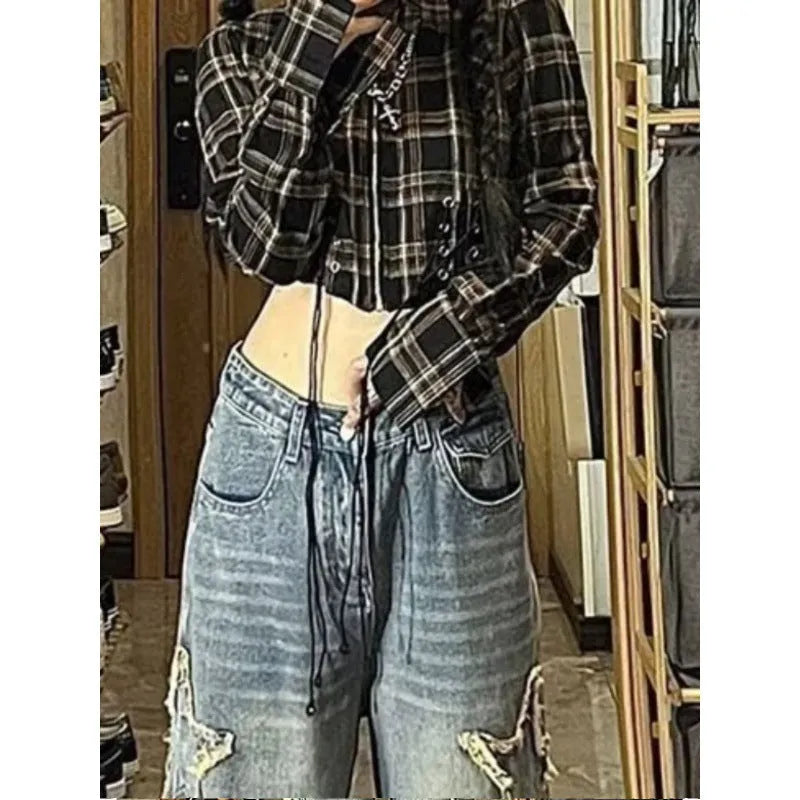Women's blue high-waisted straight-leg jeans with five-pocket design and micro elastic cotton denim fabric