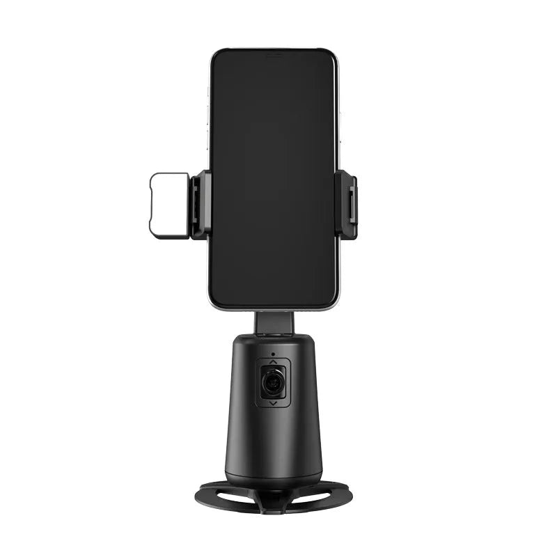Black smartphone desktop bracket with face tracking camera rotation and ribbon lights