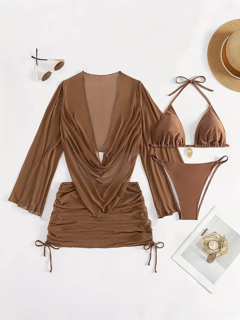 Dark brown women's lace-up bikini swimsuit set on a model, showing backless design