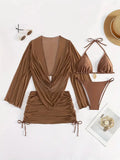 Dark brown women's lace-up bikini swimsuit set on a model, showing backless design