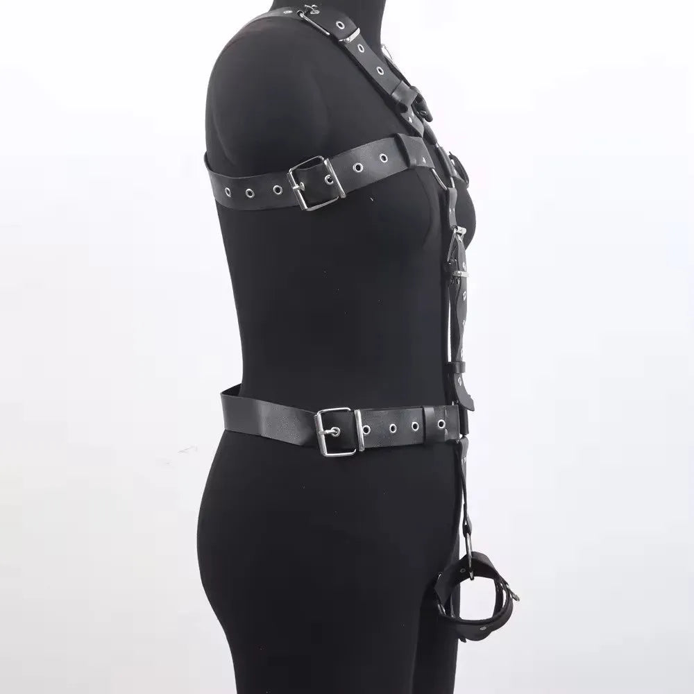 Black imitation leather underbust waist trainer belt with a thin strap and pin buckle clasp.