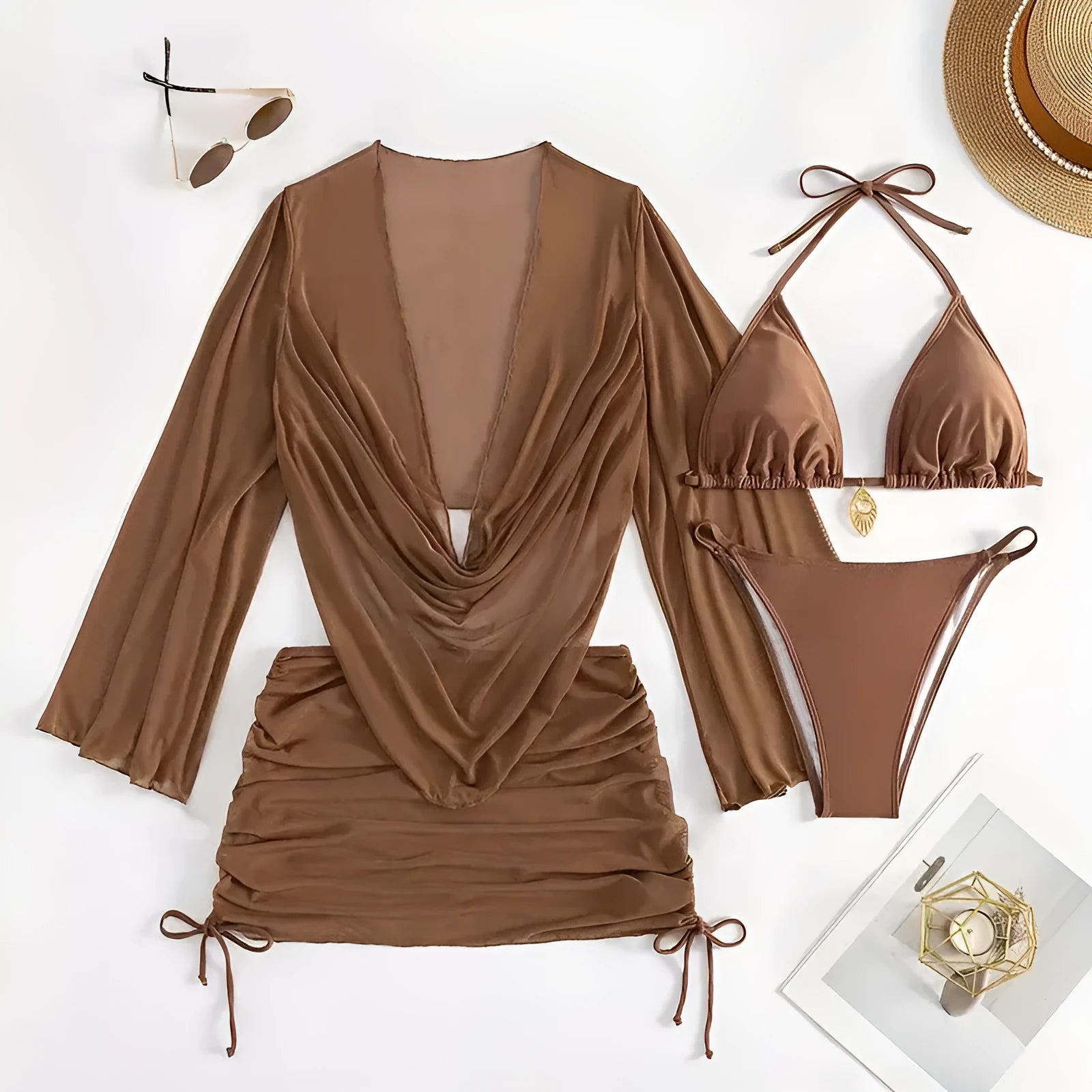 Dark brown women's lace-up bikini swimsuit set on a model, showing backless design