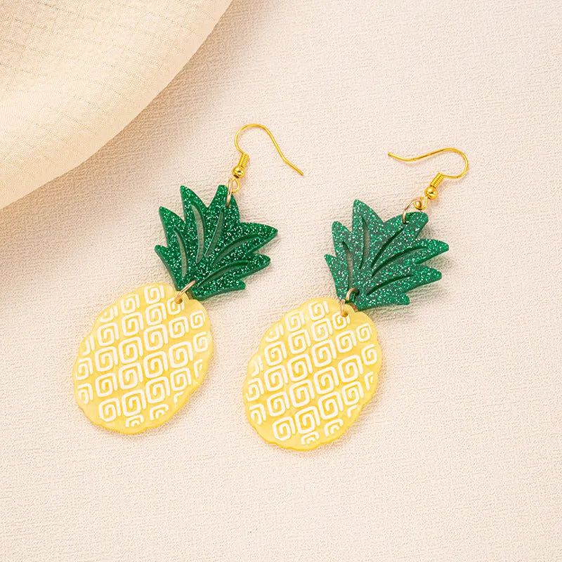 Pair of women's hook earrings with a green and yellow acrylic jackfruit drop decoration on a gold-toned alloy hook.
