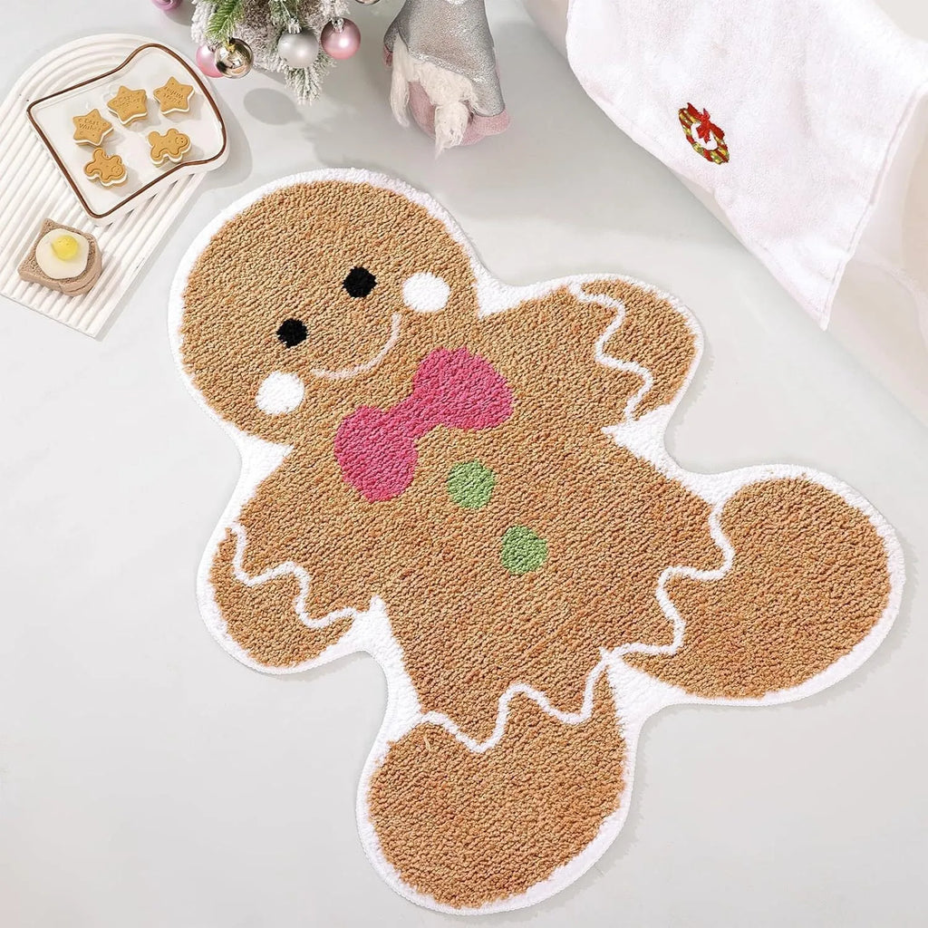 Square Christmas hallway mat with festive Santa Claus pattern on red background.