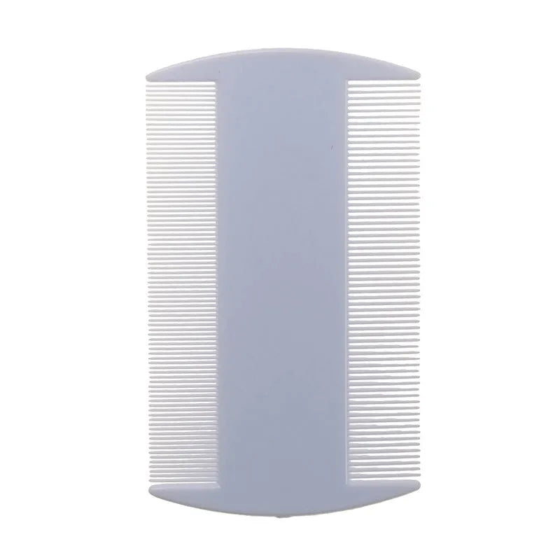 Double-edged fine-toothed plastic lice and flea comb showing front and back, with colour options displayed.