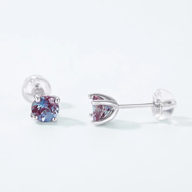 Women's sterling silver geometric ear studs with round design in cultivate Alexandrite colour