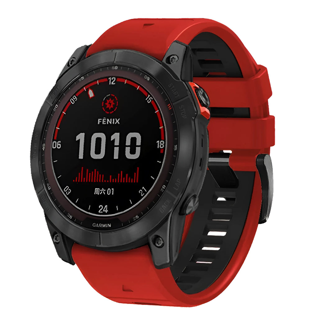 Two-colour quick-release silicone strap for Garmin Fenix watches in 22mm and 26mm widths.