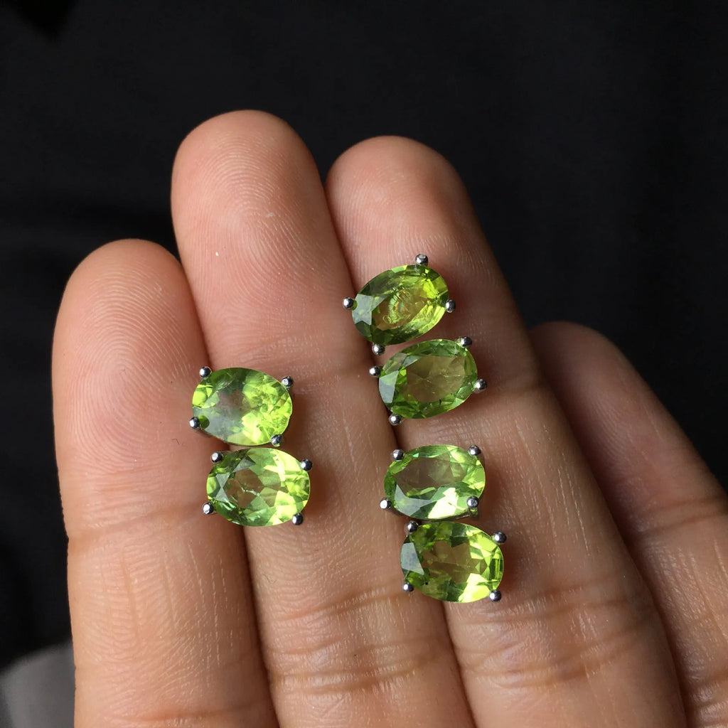 Natural olivine stud earrings with 6x8mm grass green faceted gemstone in S925 sterling silver