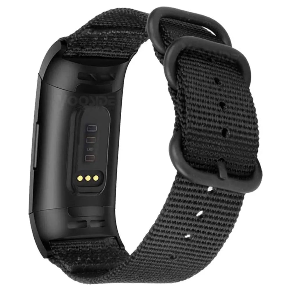 Nylon three-ring buckle replacement strap for Fitbit Charge fitness trackers in army green colour.