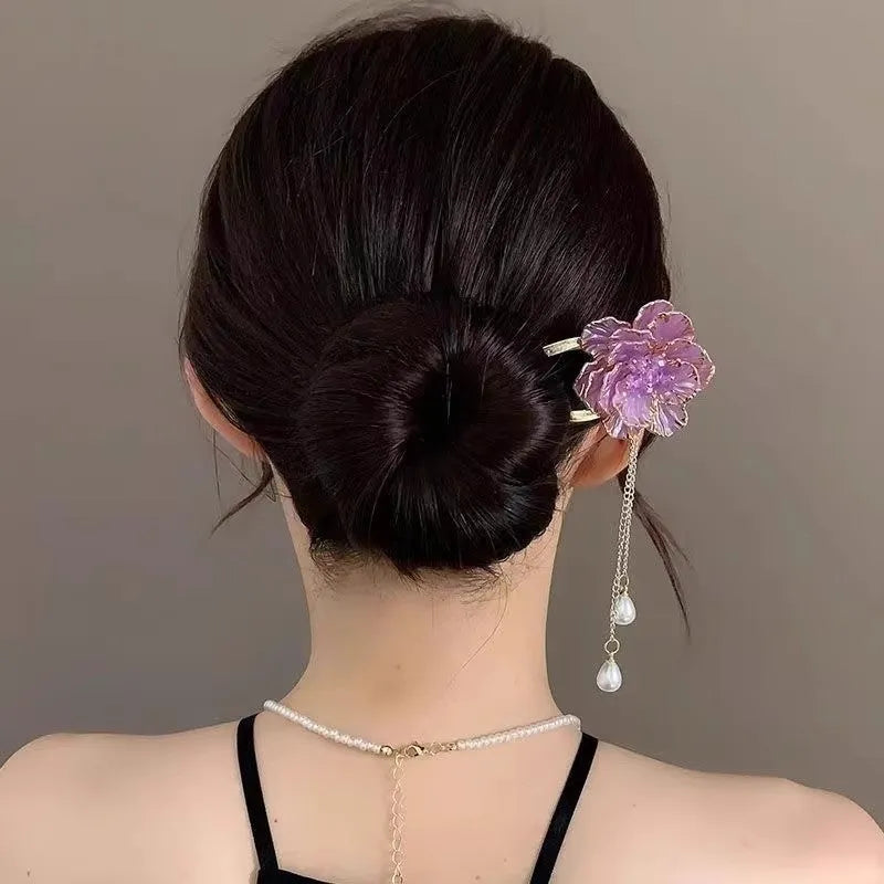 Purple and white peony flower tassel U-shaped hairpin, retro alloy barrette