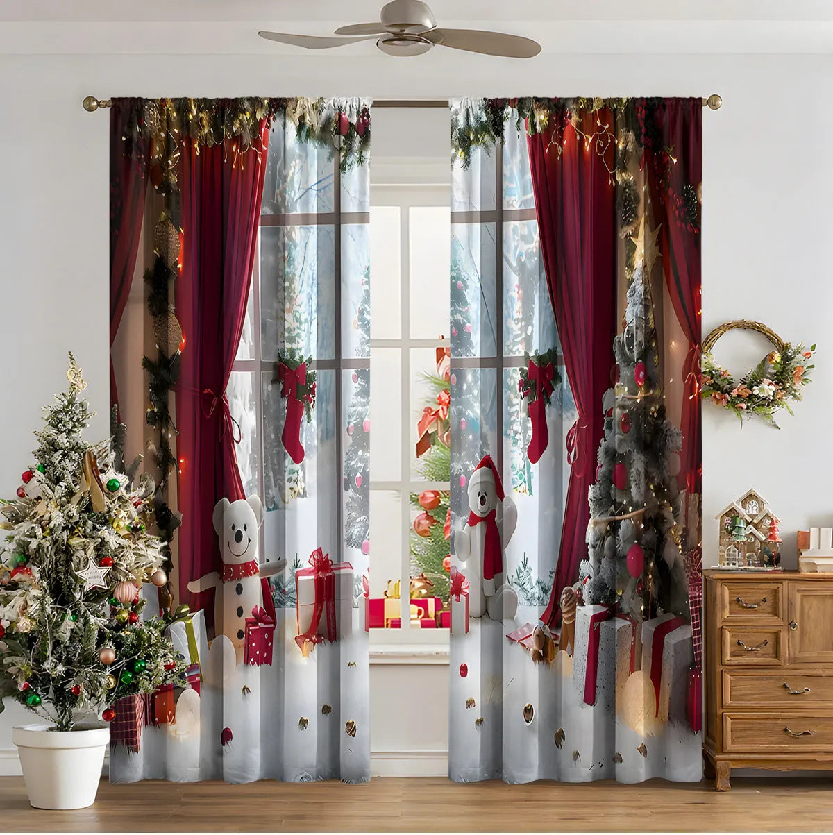 3D digital printed Christmas pattern on polyester curtain hanging in a window