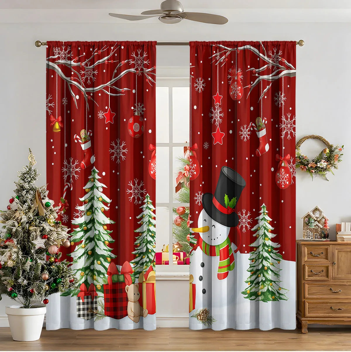 3D digital printed Christmas pattern on polyester curtain hanging in a window