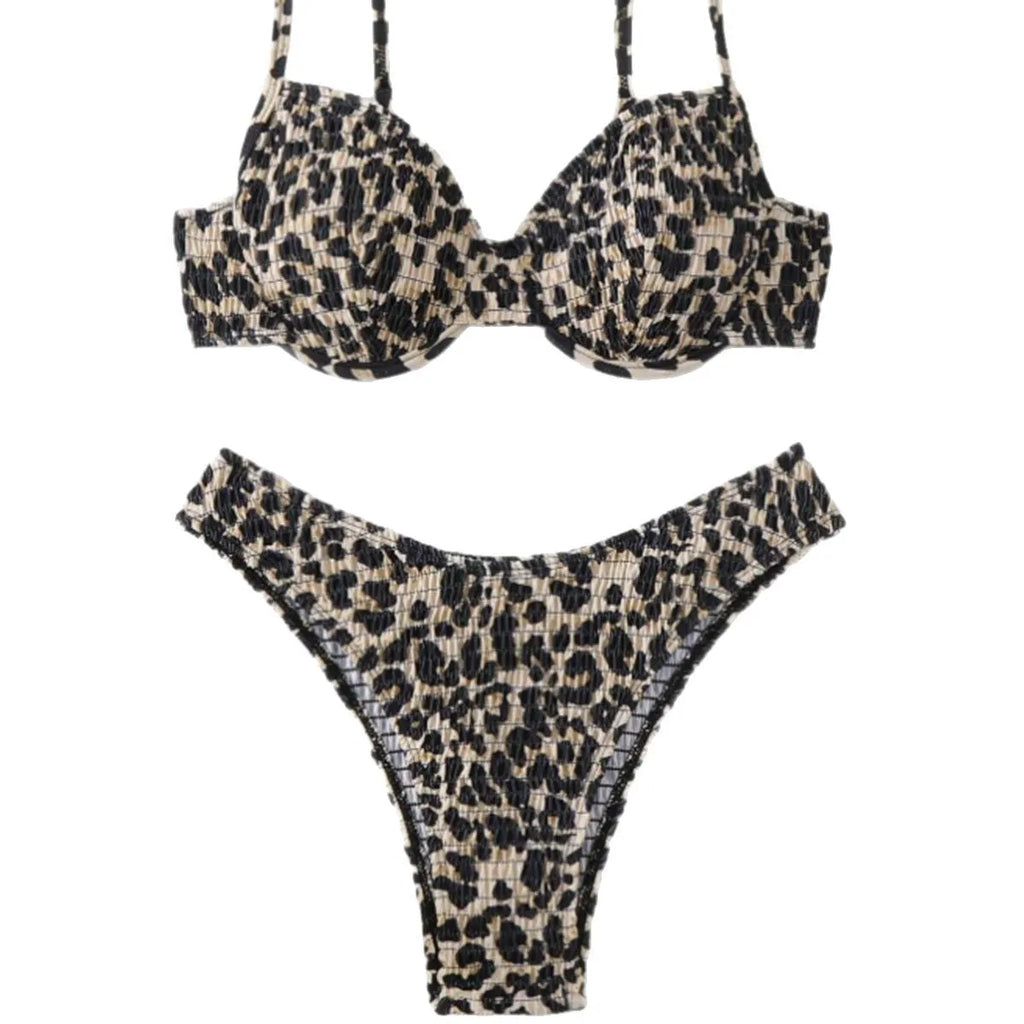 Women's leopard print bikini swimsuit with backless design in brown and red colour options.