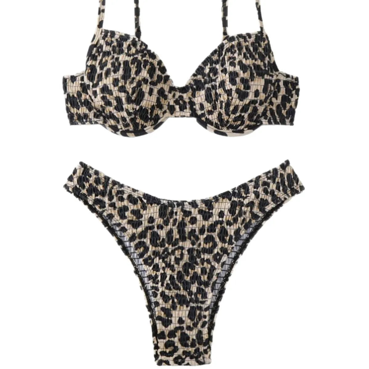 Women's leopard print bikini swimsuit with backless design in brown and red colour options.