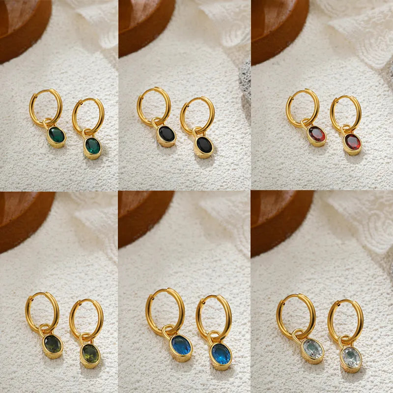Women's retro oval zircon earrings in copper metal with ellipse design, shown in multiple colour options