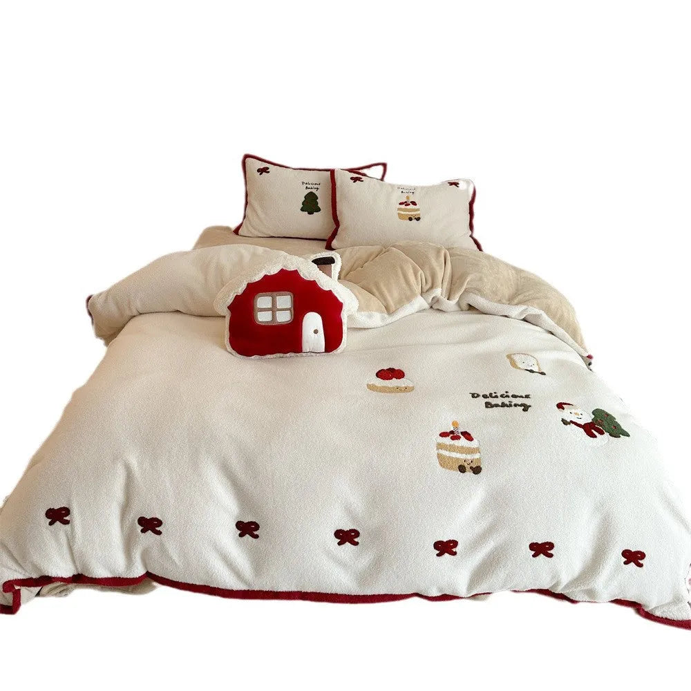 Girl's heart cartoon winter bedding four-piece set with Snow-Covered Pastry print on polyester fabric