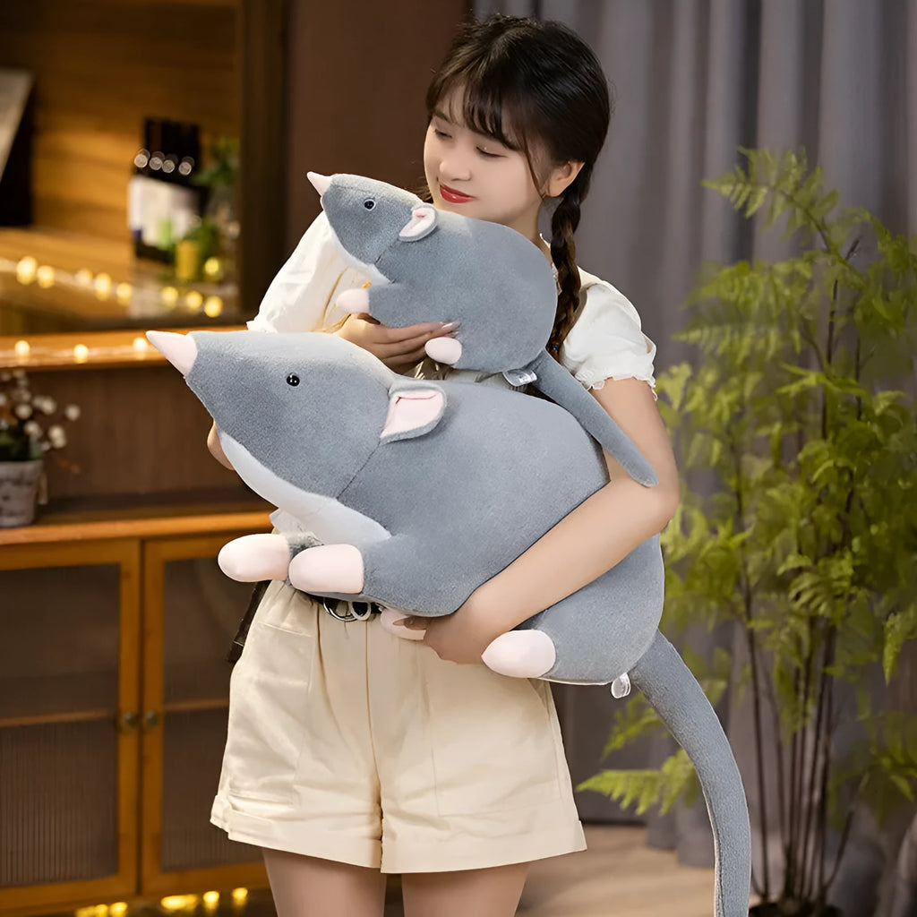 Cartoon mouse plush toy doll in grey, shown in three different sizes